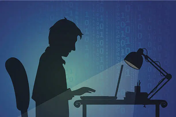 Vector illustration of Man using computer in dark room with digital numbers