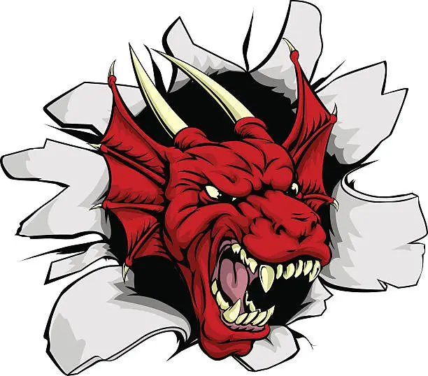 Vector illustration of Red dragon smashing out