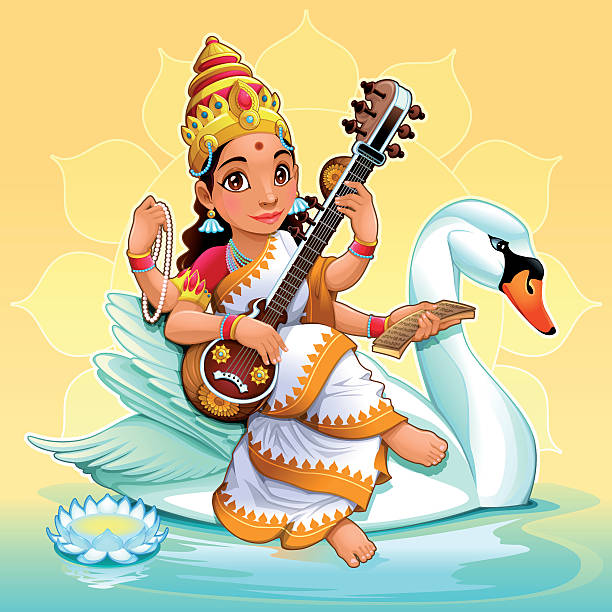 saraswati, hinduska bogini wiedzy, sztuki i nauki. - water lily single flower flower water stock illustrations
