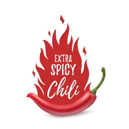 Extra spicy chili paper poster, badge or banner template with fire, isolated on white background. Vector illustration.