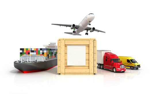 3d render of different modes of transport go out of a wooden box with a blank sheet on it