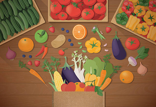 ilustrações de stock, clip art, desenhos animados e ícones de alimentação saudável e de mercearia - vegetables table