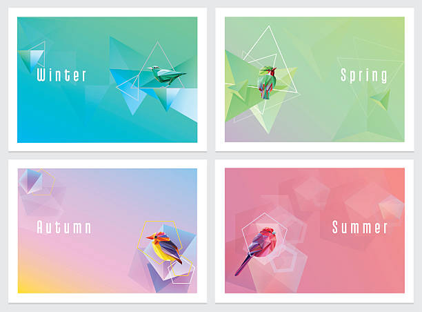 современные красочные четыре сезоны обои с геометрическим рисунком и узором в виде птиц - four animals stock illustrations