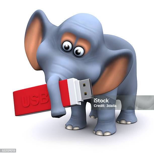 3d Elephant With A Usb Memory Stick Stock Photo - Download Image Now - Data, Elephant, Animal