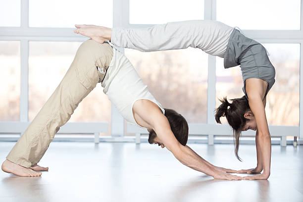 Acroyoga, stretching workout Fitness practice, group of two beautiful fit young people working out in sports club, doing stretching workout together in class, downward facing dog pose with bridge exercise, full length acroyoga stock pictures, royalty-free photos & images