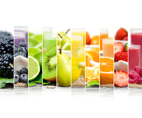 Photo of colorful mix stripes with fruit, slices and drink; healthy food and drink concept; white space for text