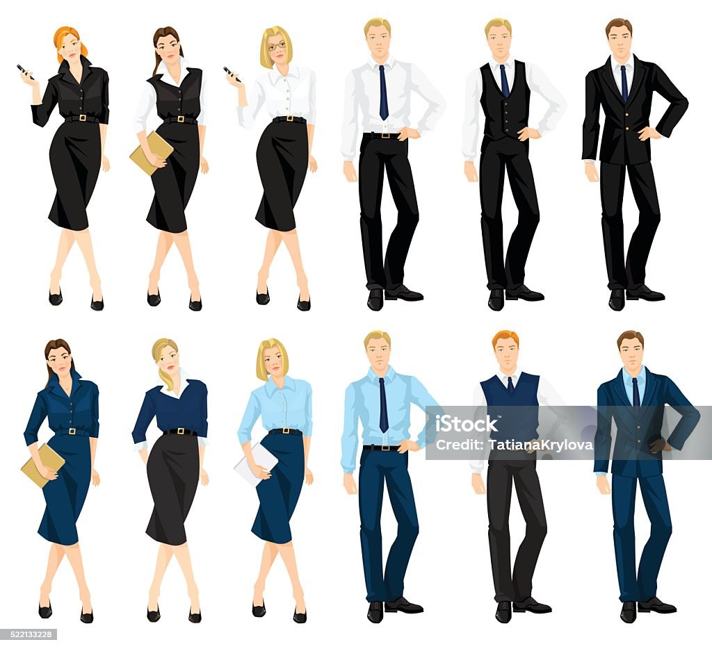 Man and woman in formal clothes Vector illustration of corporate dress code. Man and woman in official blue and black suits isolated on white background. Formal wardrobe. Uniform stock vector