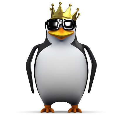 3d render of a penguin wearing a gold crown.