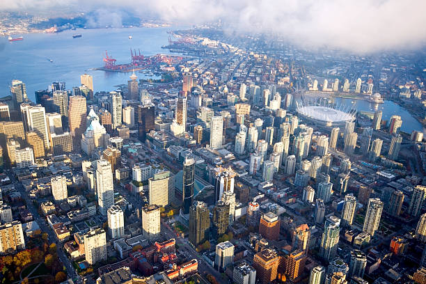 aerial view of vancouver downtown - burrard inlet bildbanksfoton och bilder