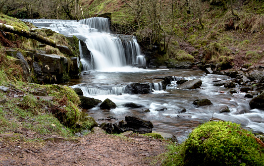 One of a series of waterfalls on a nature trail in the Brecon Beacons. Because of the recent rain the creek is flowing fast creating a beautiful little waterfall.
