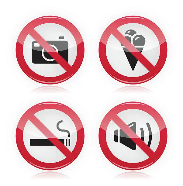 Vector illustration of Forbidden sign: no cameras, no food, no smoking, no noise