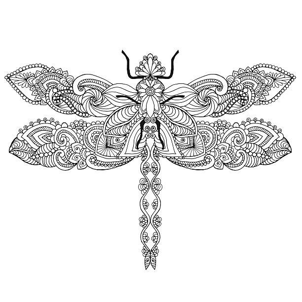 Dragonfly. Ethnic patterned vector illustration. African, indian, totem, tribal design. Sketch for adult coloring page, tattoo, posters, print or t-shirt. dragonfly tattoo stock illustrations