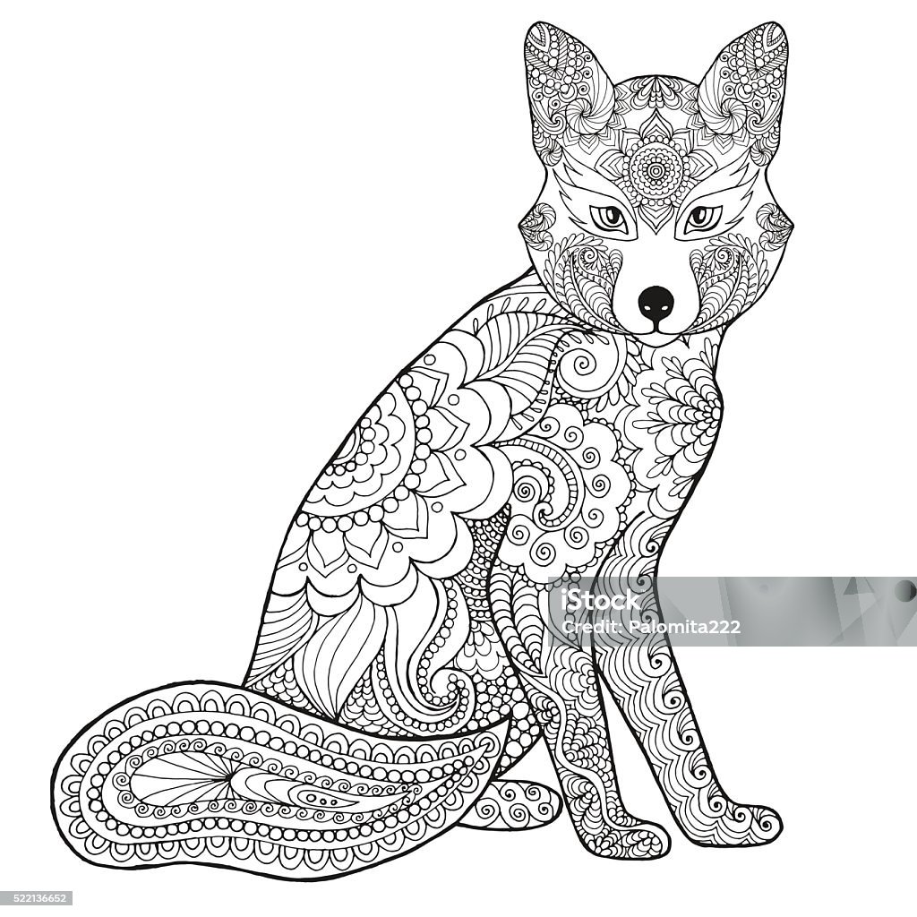 Fox Fox. Black white hand drawn doodle animal. Ethnic patterned vector illustration. African, indian, totem, tribal design. Sketch for coloring page, tattoo, poster, print, t-shirt Coloring stock vector