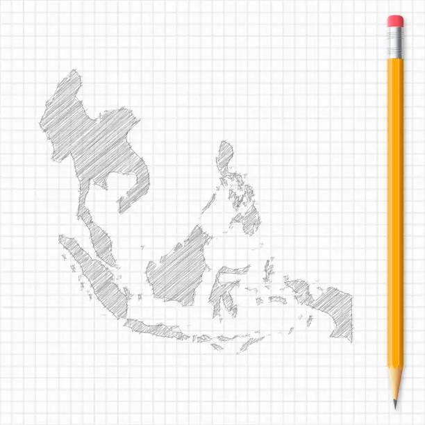 Vector illustration of Southeast Asia map sketch with pencil on grid paper