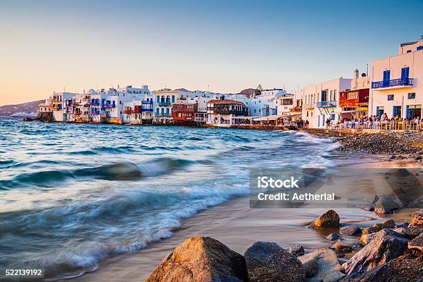 Sunset At Mykonos Little Venice Stock Photo - Download Image Now - Mediterranean Sea, Restaurant, Harbor