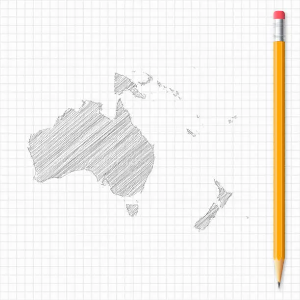 Vector illustration of Oceania map sketch with pencil on grid paper