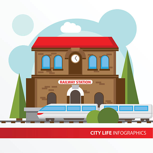 Train station building icon in the flat style. Train station building icon in the flat style. Railway station. Concept for city infographic. Different types of Municipal life of the city in the flat style. train stations stock illustrations