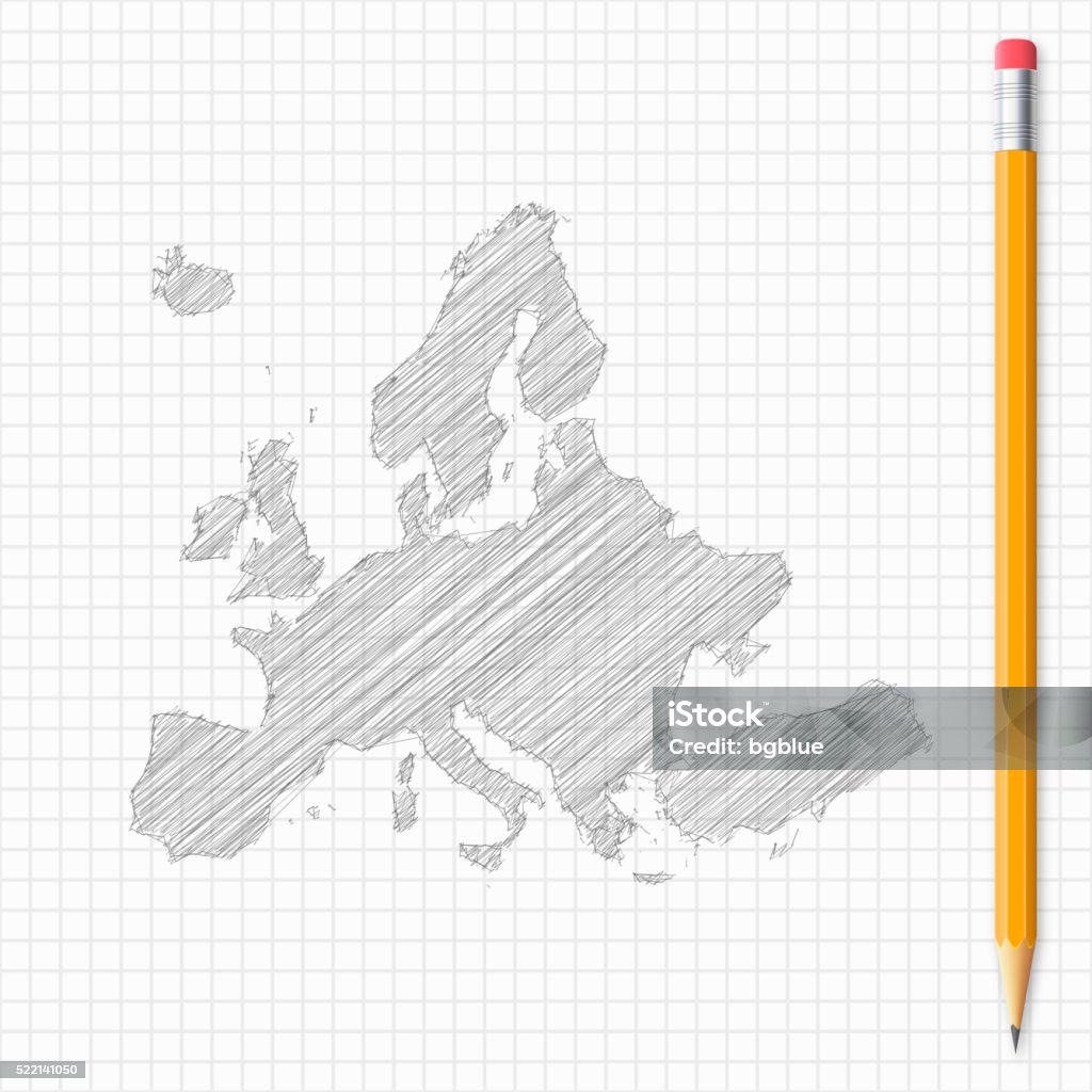 Europe map sketch with pencil on grid paper Map of Europe drawn with pencil, isolated on a squared paper sheet. Europe stock vector