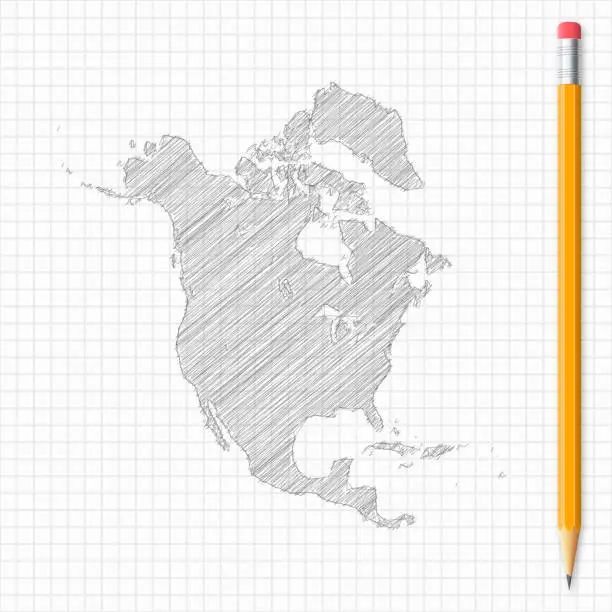 Vector illustration of North America map sketch with pencil on grid paper