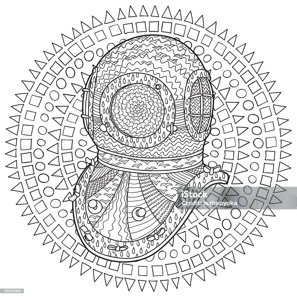 Antique divers helmet hand draw with high details. Antique divers helmet hand draw with high details. Coloring pages for adult in zenart technique. Sketch for tattoo, poster, print, t-shirt in zendoodle style. Vector illustration Adult stock vector