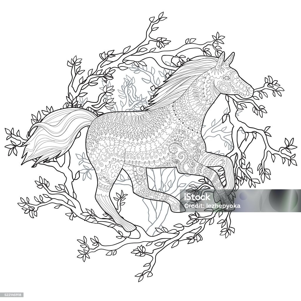 Running horse. Adult coloring page for antistress art therapy. Running horse in tracery style. Template for t-shirt, tattoo, poster or cover. Vector illustration. Coloring stock vector