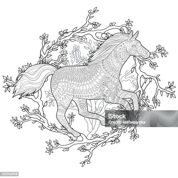 Running Horse Stock Illustration - Download Image Now - Coloring, Adult, Doodle