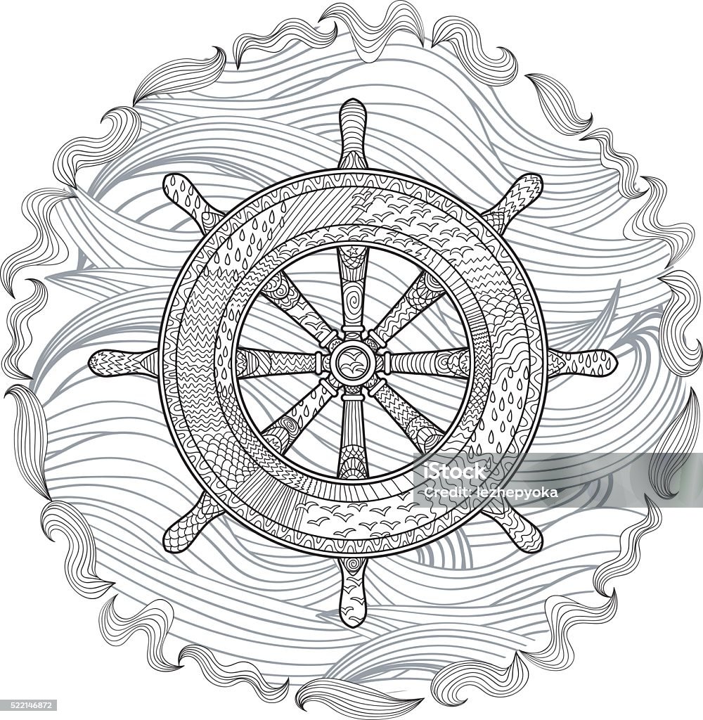 Hand drawn illustration of an helm. Hand drawn illustration of an helm in the zendoodle style. Adult antistress coloring page with marine handwheel. Vector illustration. Adult stock vector