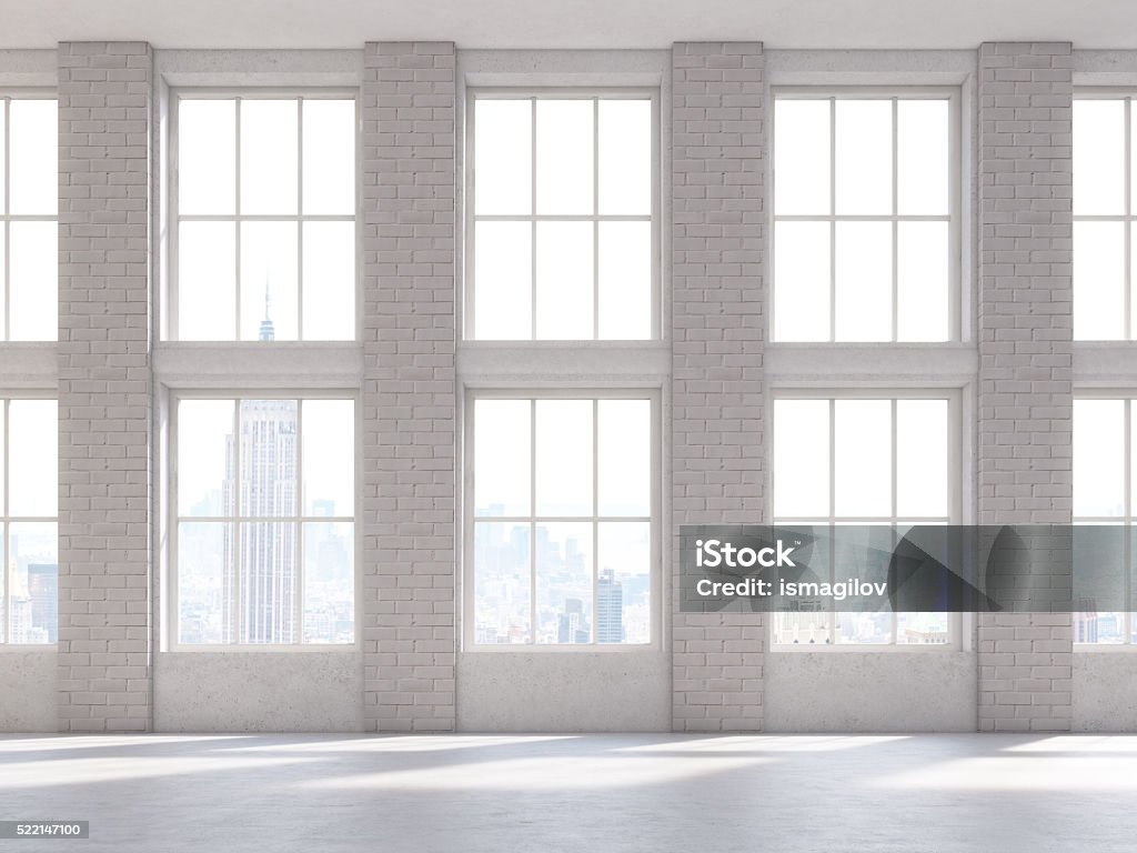 Brick interior front Frontviewof brick interior with large windows. 3D Rendering Office Stock Photo