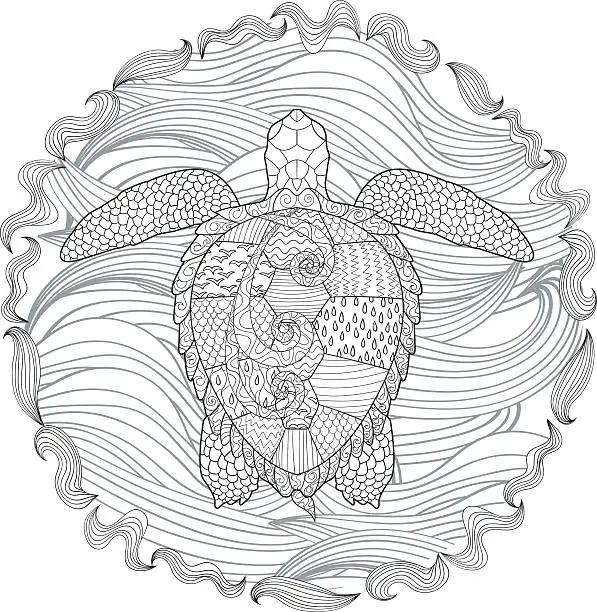 Vector illustration of Hand drawn swimming turtle with high details