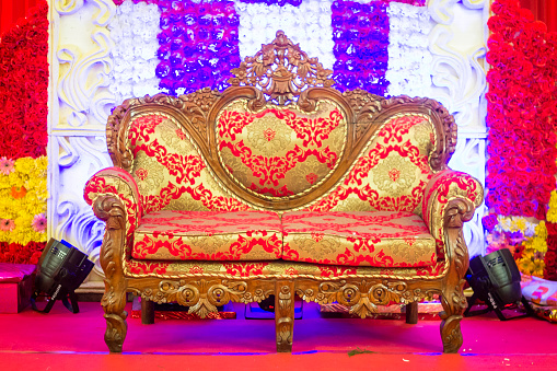 Indian wedding stage and seat  for bride and groom.