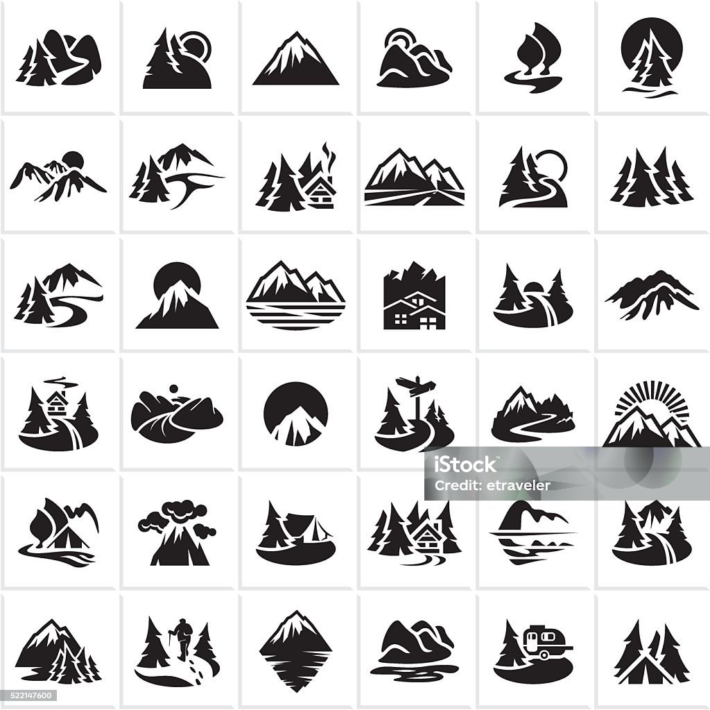 set di icone di montagna, colline, foresta - arte vettoriale royalty-free di Icona