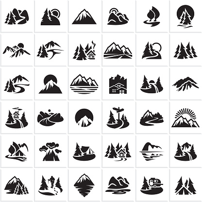 mountain icons set, hills, forest, wood, trees, rivers, lakes, nature landscape icons collection