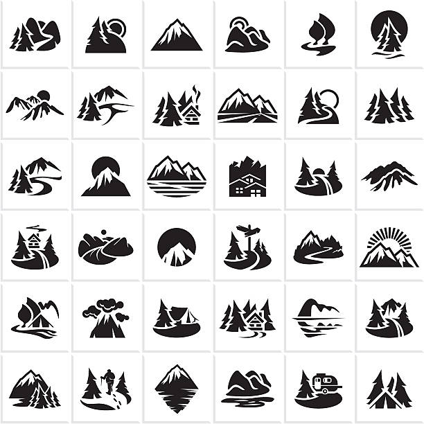 mountain icons set, hills, forest mountain icons set, hills, forest, wood, trees, rivers, lakes, nature landscape icons collection hiking icons stock illustrations