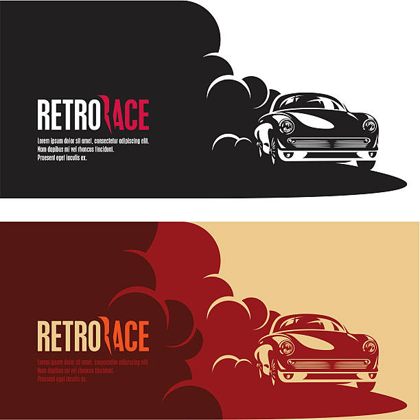 retro car race banner retro car race banner, retro style sports car vector silhouette, car racing in a puff of smoke rally car racing stock illustrations