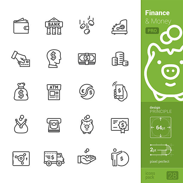 재무 및 자금 벡터 아이콘-pro 팩 - money bag symbol check banking stock illustrations