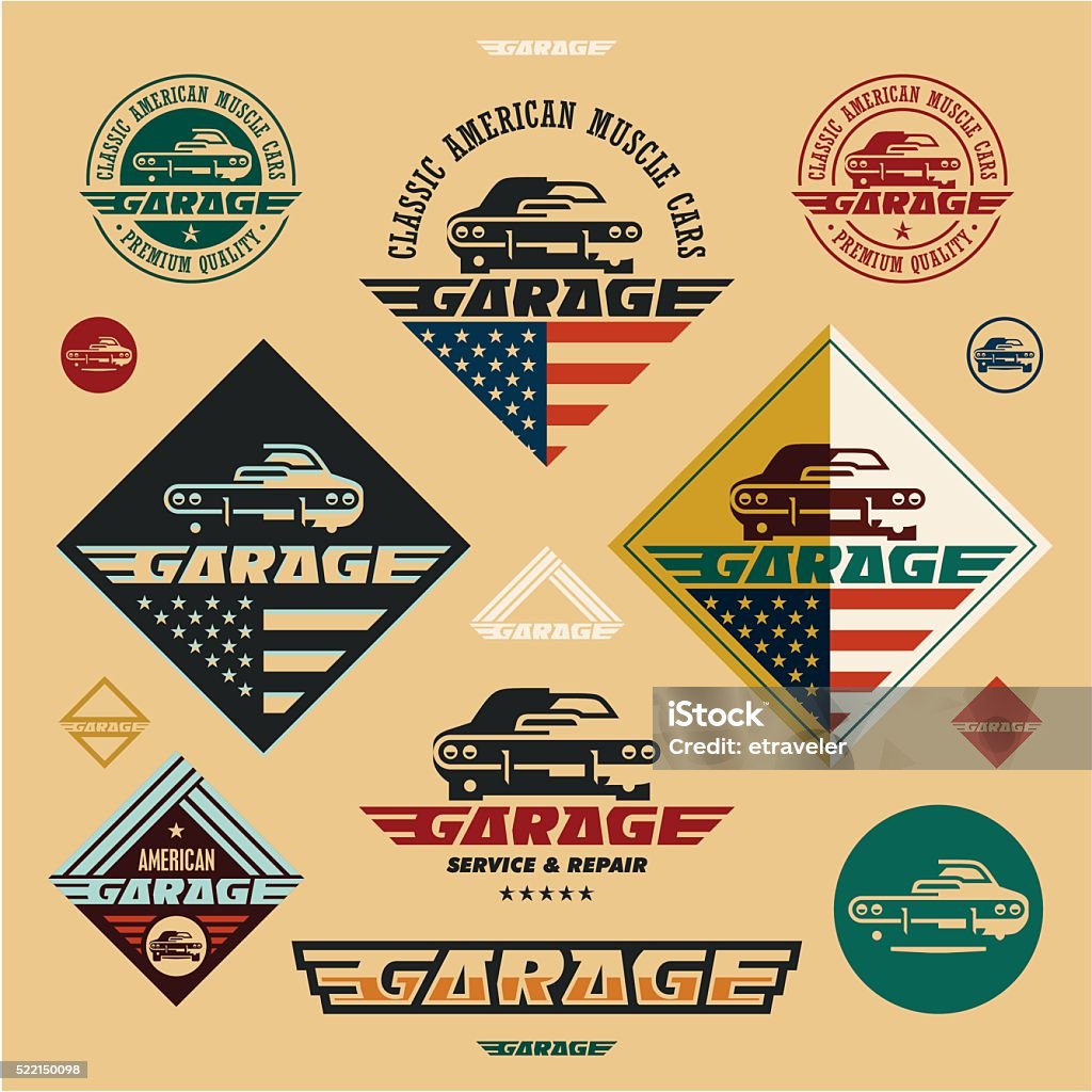 muscle cars garage vintage style labels Classic American muscle cars garage vintage style labels and badges, muscle car icon, car restoration, retro style labels Retro Style stock vector