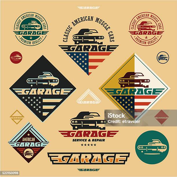 Muscle Cars Garage Vintage Style Labels Stock Illustration - Download Image Now - Retro Style, Old-fashioned, Gas Station