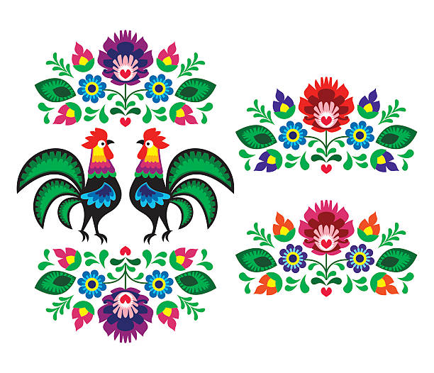 polnische folklore art-stickerei mit roosters-traditionelle folk-muster - polish culture stock-grafiken, -clipart, -cartoons und -symbole