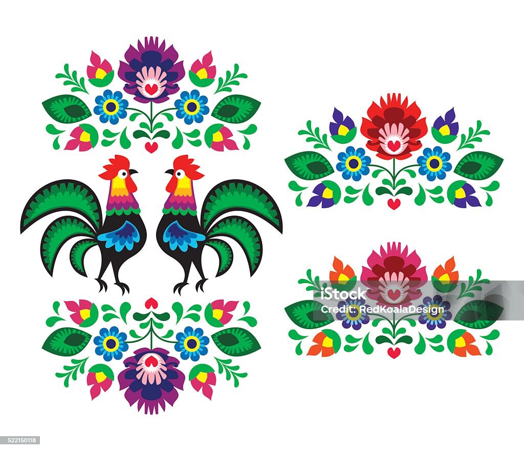 Polish folk art embroidery with roosters - traditional folk pattern Decorative traditional vector patters set - paper cutouts style isolated on white Poland stock vector