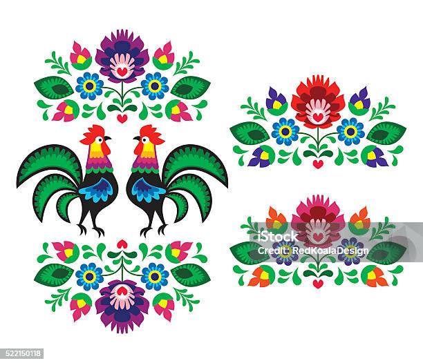 Polish Folk Art Embroidery With Roosters Traditional Folk Pattern Stock Illustration - Download Image Now