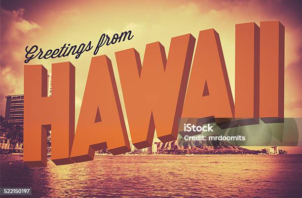 Retro Greetings From Hawaii Postcard Stock Photo - Download Image Now - Postcard, Retro Style, Old-fashioned
