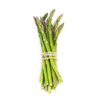 High angle shot of a bundle of green asparagus against a white background