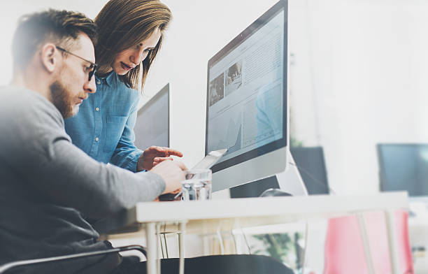 istock Coworking process, designers team working modern office.Photo young creative 522151490