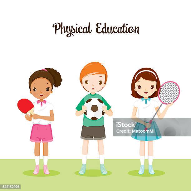 Ilustración de Niños Con Instrumentos De Deportes y más Vectores Libres de Derechos de Edificio escolar - Edificio escolar, Educacion fisica, Educación