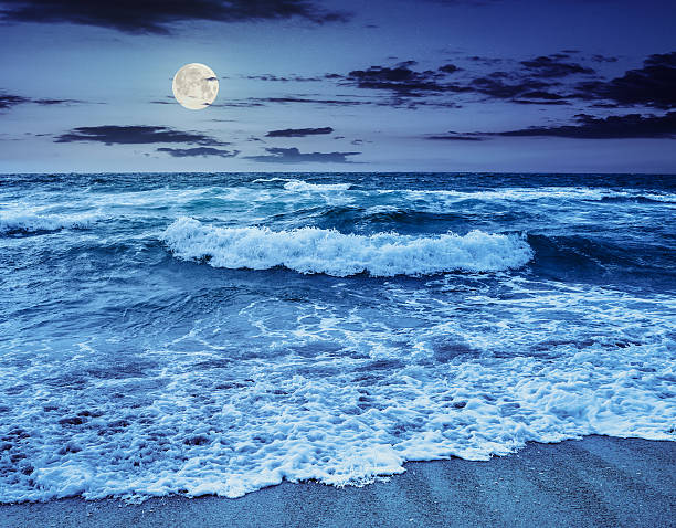 istock sea waves crashing on sandy beach at night 522152194