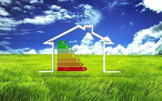 3d illustration of house with energy efficiency symbol abstract image