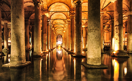 Basilica Cistern in Istanbul - Turkey.  View from a footbridge on water.