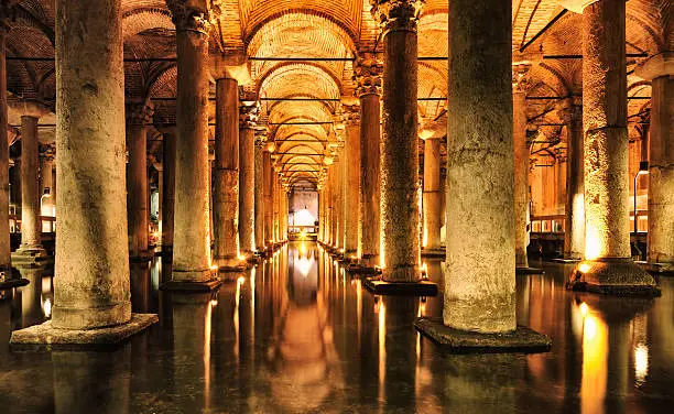 Basilica Cistern in Istanbul - Turkey.  View from a footbridge on water.