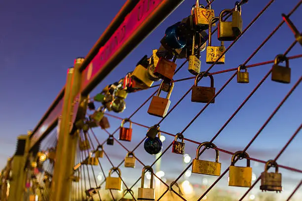Locks placed by lovers on Dock at the Brooklyn Promenade in New York City, NY USA
