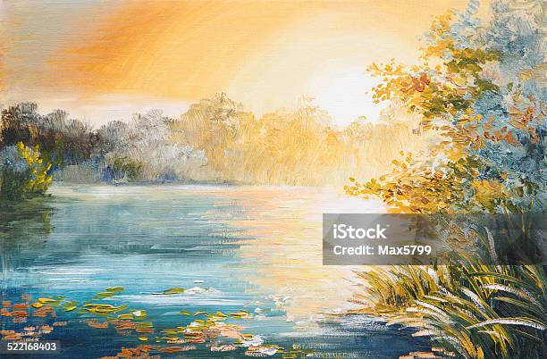 Painting Sunset On The Lake Stock Illustration - Download Image Now - Abstract, Autumn, Backgrounds